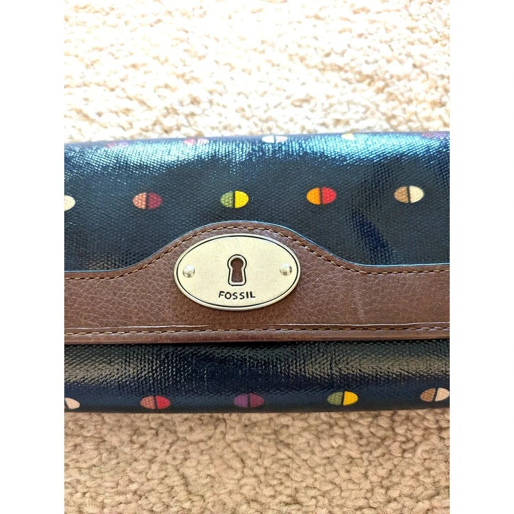 Fossil Key-Per Navy Blue Polka Dot Coated Canvas Clutch Wallet